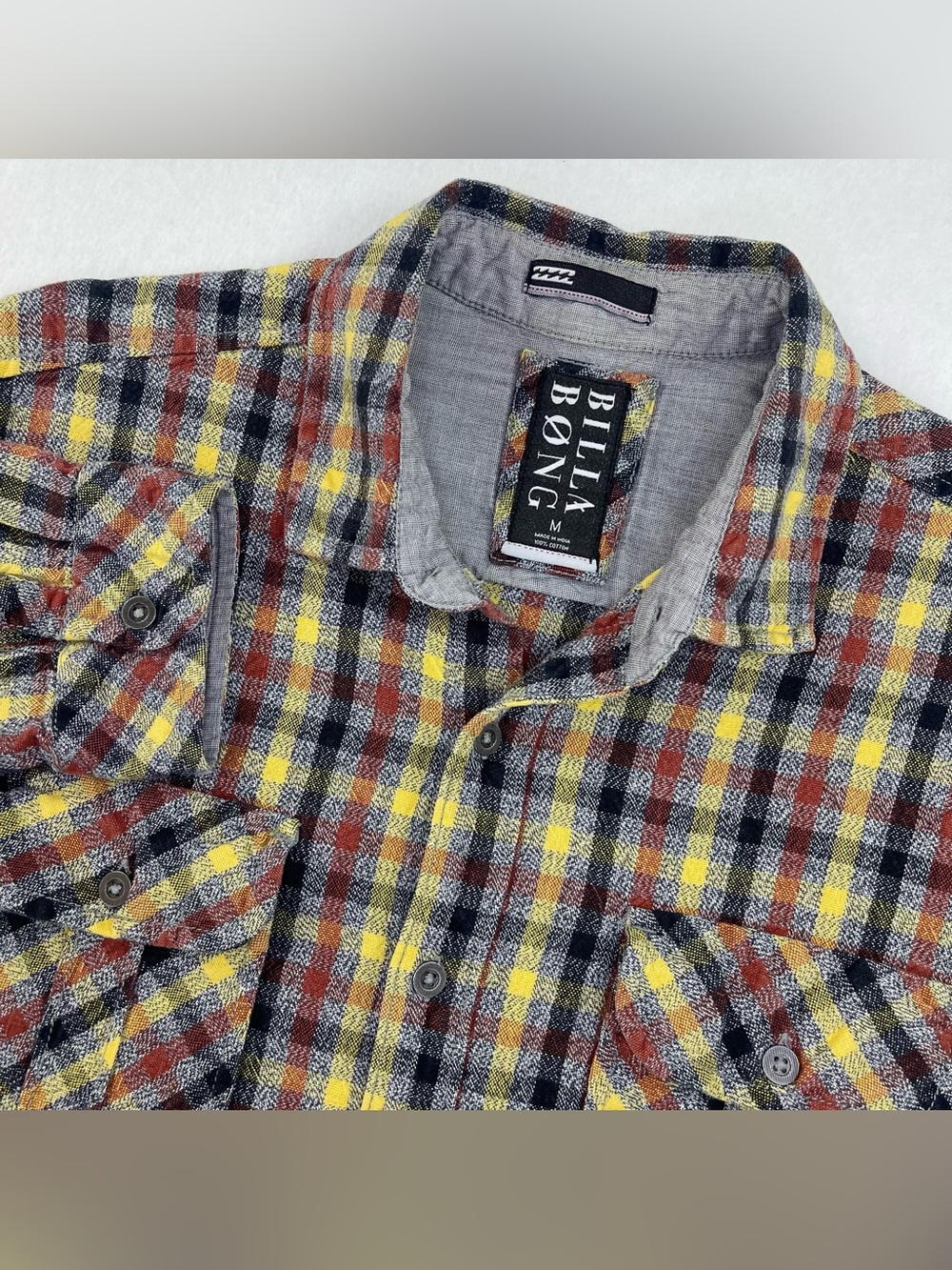 Billabong Flannel Shacket Mens M Yellow Red Plaid Button Up Pockets Elbow Patch